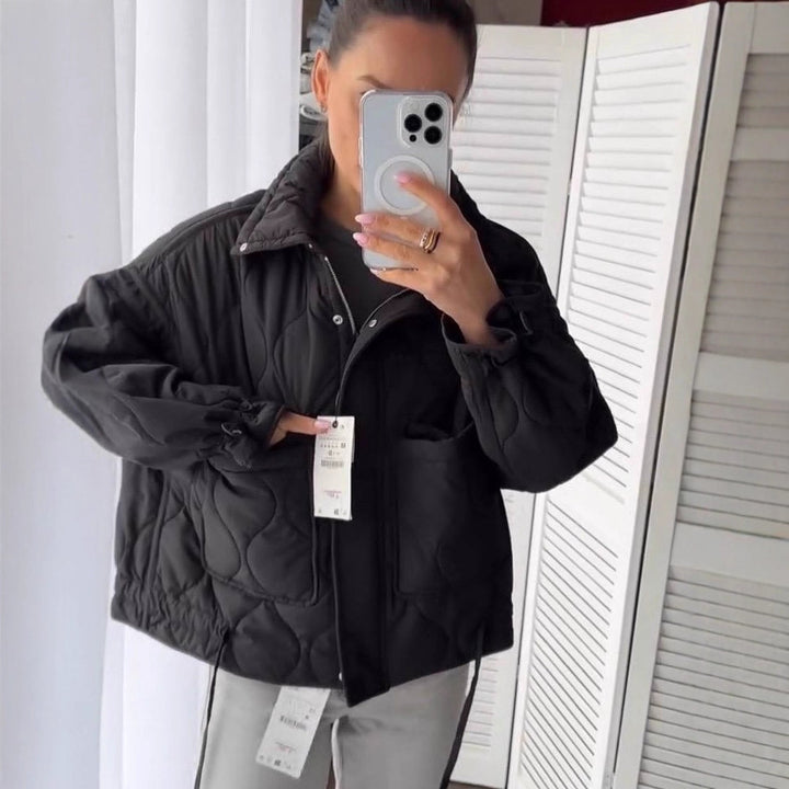 Women Short Cut Quilted Padded Jacket with Stand Collar Mune Fashion