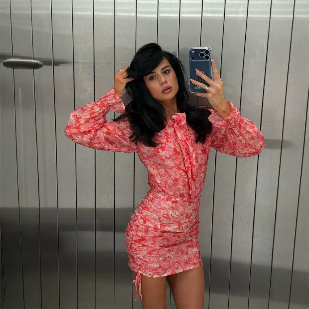 Women Floral Chiffon Mini Dress with Bow Collar, Transparent Volume Sleeves and Side Gathering Mune Fashion
