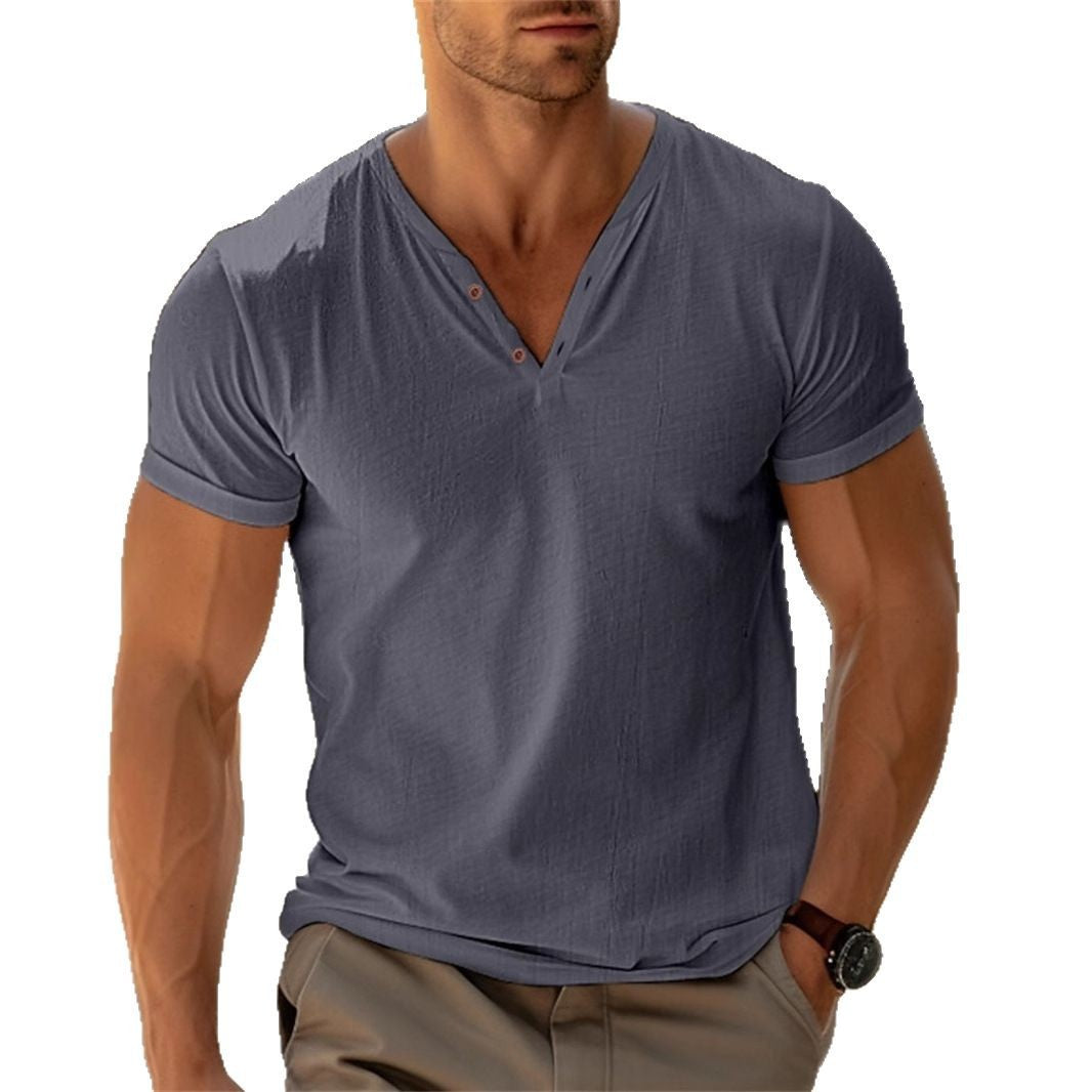 Men's fitted Henley T-shirt with V-neck, short button placket and roll-up sleeves Mune Fashion