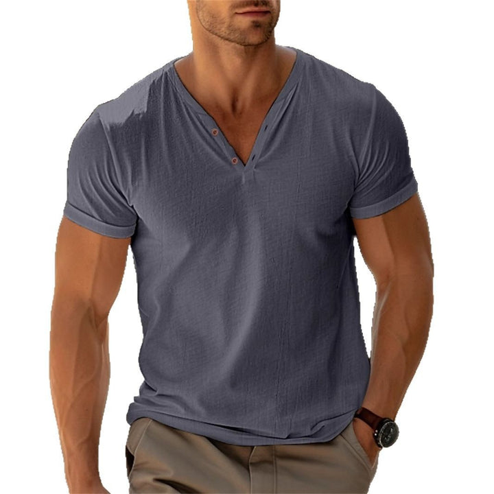 Men's fitted Henley T-shirt with V-neck, short button placket and roll-up sleeves Mune Fashion
