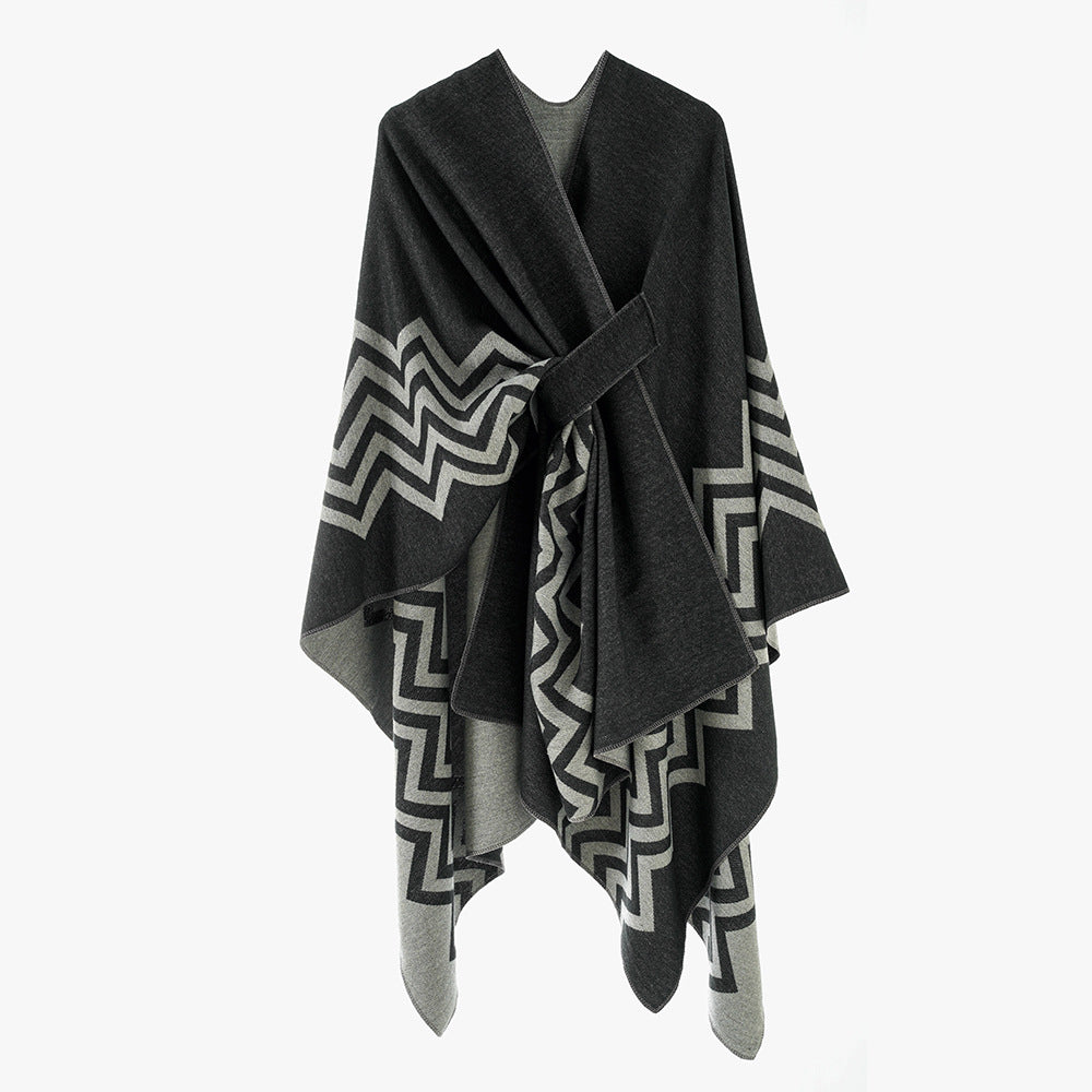 Women's Oversize Rectangle Cape with Jacquard Zigzag Pattern and Ties Belt Mune Fashion