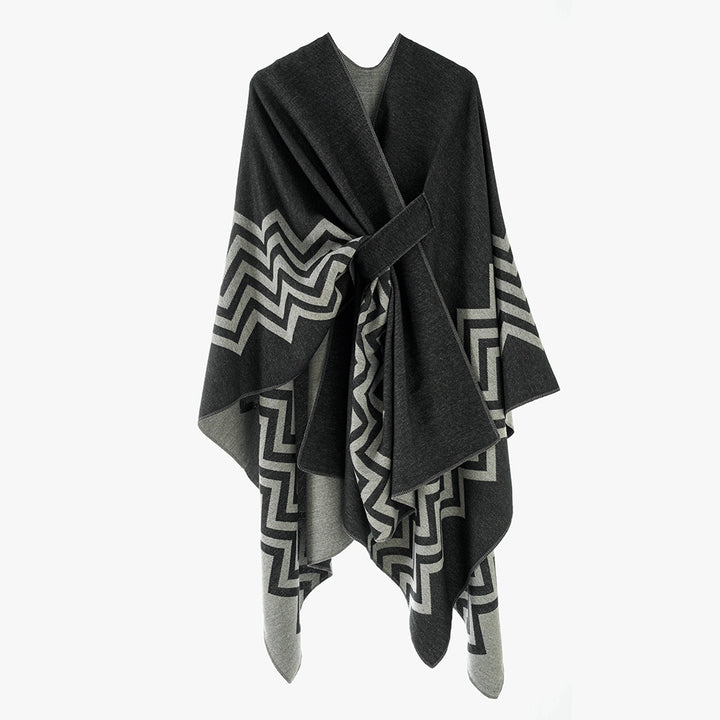 Women's Oversize Rectangle Cape with Jacquard Zigzag Pattern and Ties Belt Mune Fashion