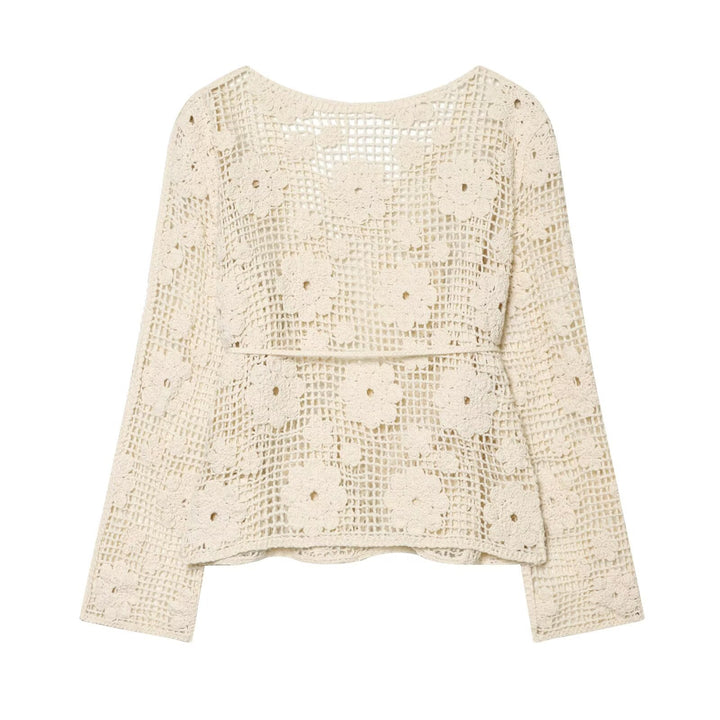 Women's crochet blouse with floral crochet design, V-neck and drawstring Mune Fashion
