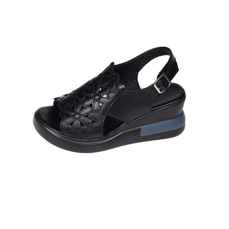 Women's nano wedge sandal with floral laser perforation, padded anatomical insole, and adjustable heel strap Mune Fashion