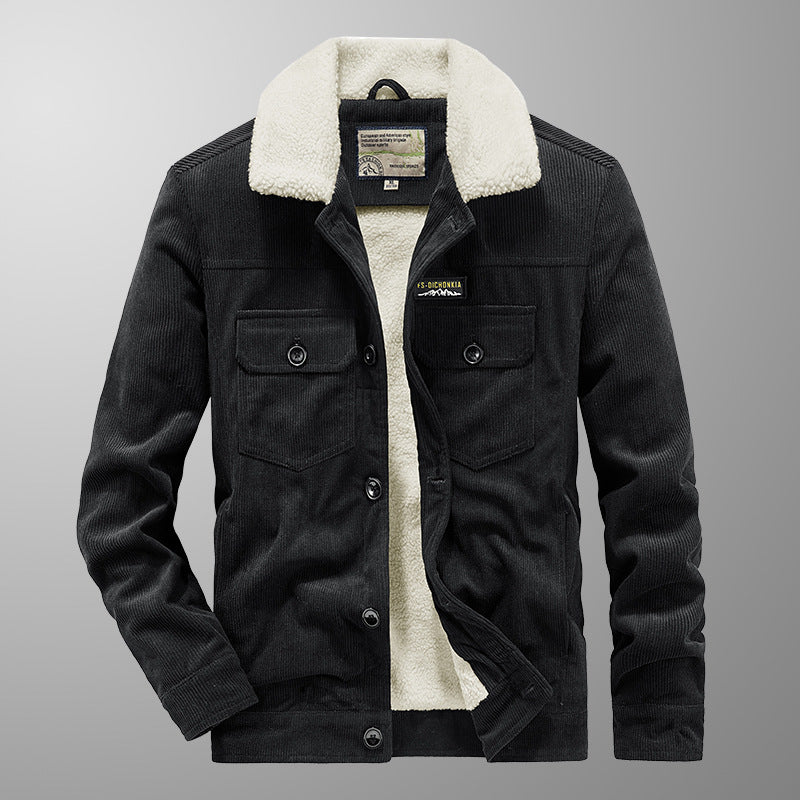 Men's Cord Worker Jacket in Trucker Style with Snap Button Closure and Flap Pockets Mune Fashion