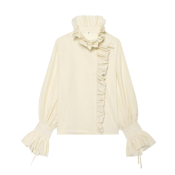 Women's ruffled blouse with high stand-up collar, asymmetrical ruffled front placket, and voluminous tiered hems Mune Fashion