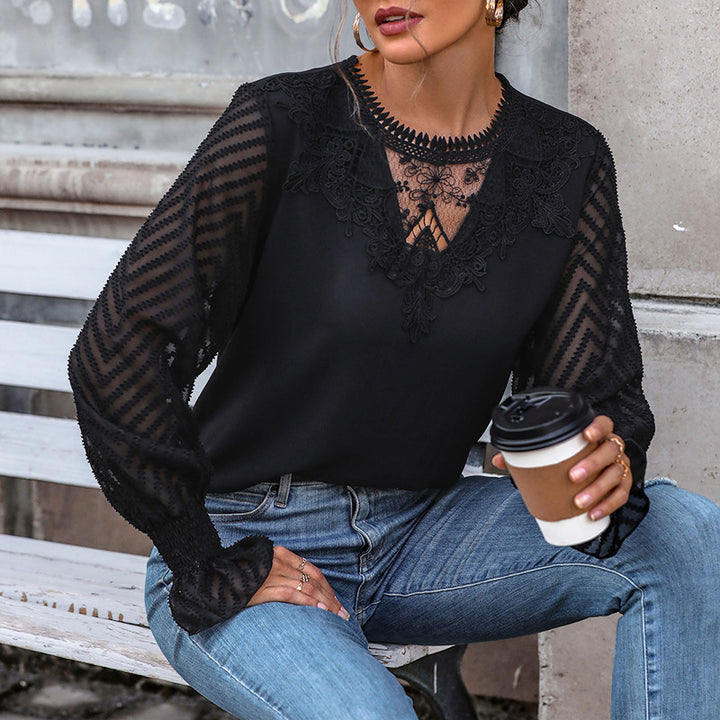 Women Elegant Blouse with Lace Sleeves Mune Fashion