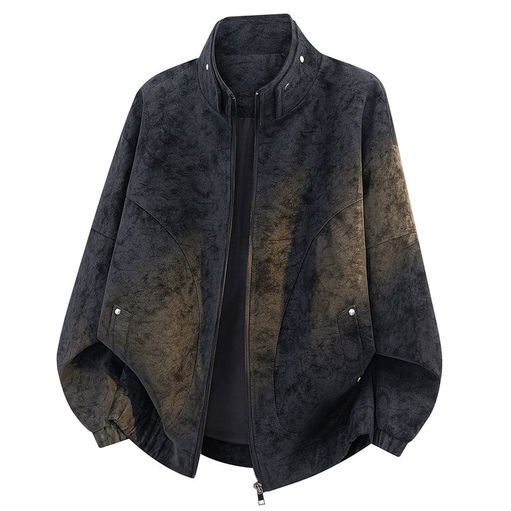 Men's Oversized Velvet-Optic Bomber Jacket with High Stand-Up Collar, Asymmetrical Chest Yoke & Elastic Hem Mune Fashion