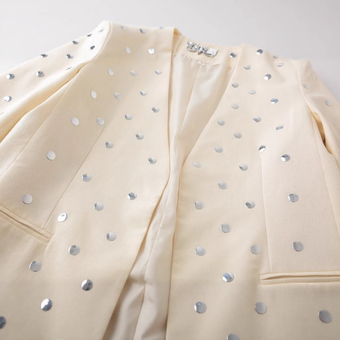 Women Longline Blazer with Sequin Embellishment in Polka Dot Optics Mune Fashion
