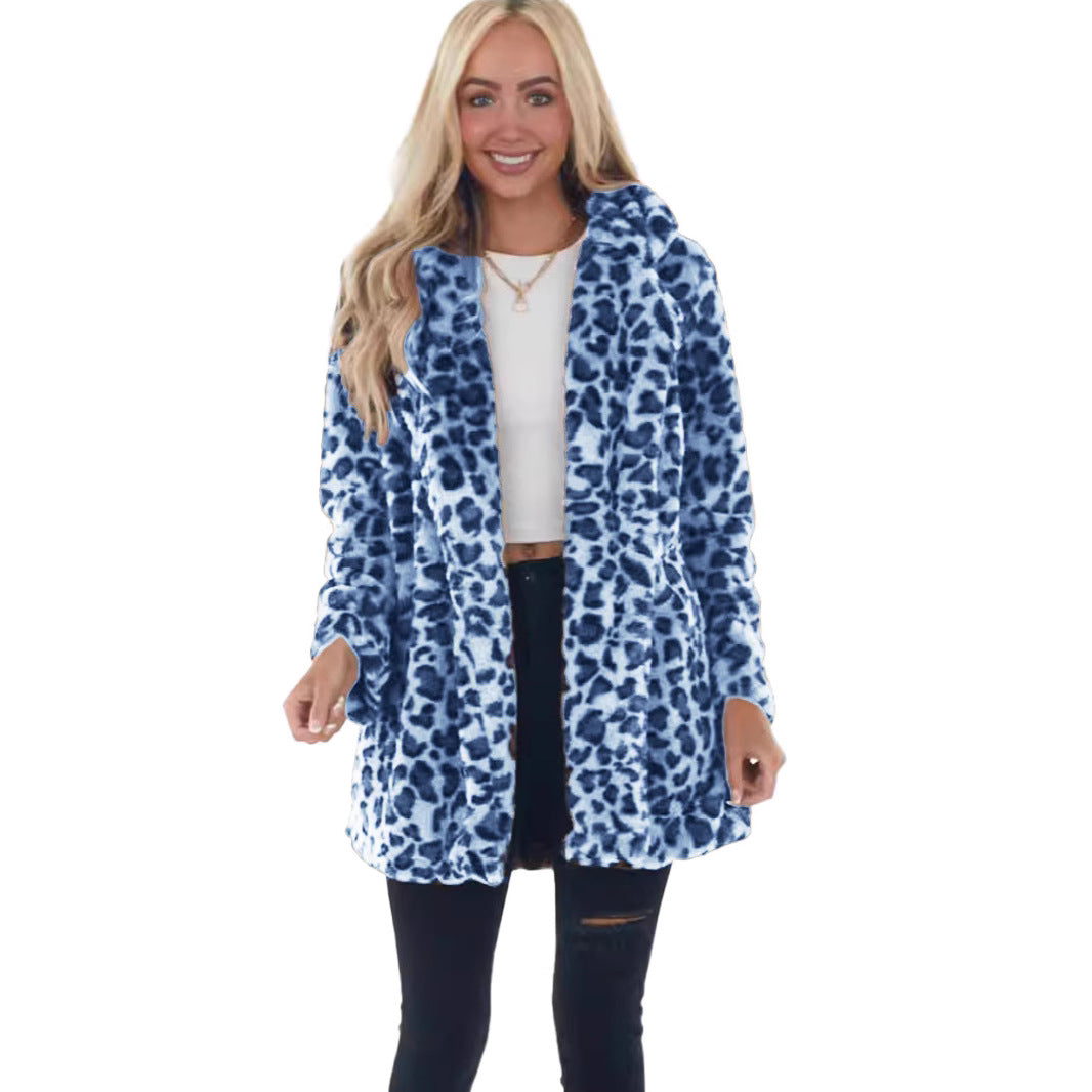 Women's Faux-Fur Leopard-Print Hooded Plush Mid-Length Coat Mune Fashion