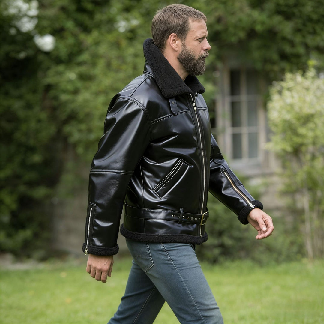 Men's faux leather aviator jacket with teddy lining, zip pockets, and waist belt Mune Fashion