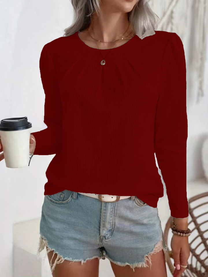 Women's lightweight structured blouse with gathered round neckline and long sleeves Mune Fashion