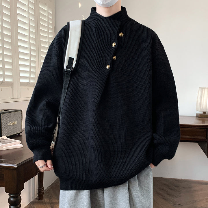 Men's Oversized Ribbed Sweater with Asymmetric Button Collar Mune Fashion