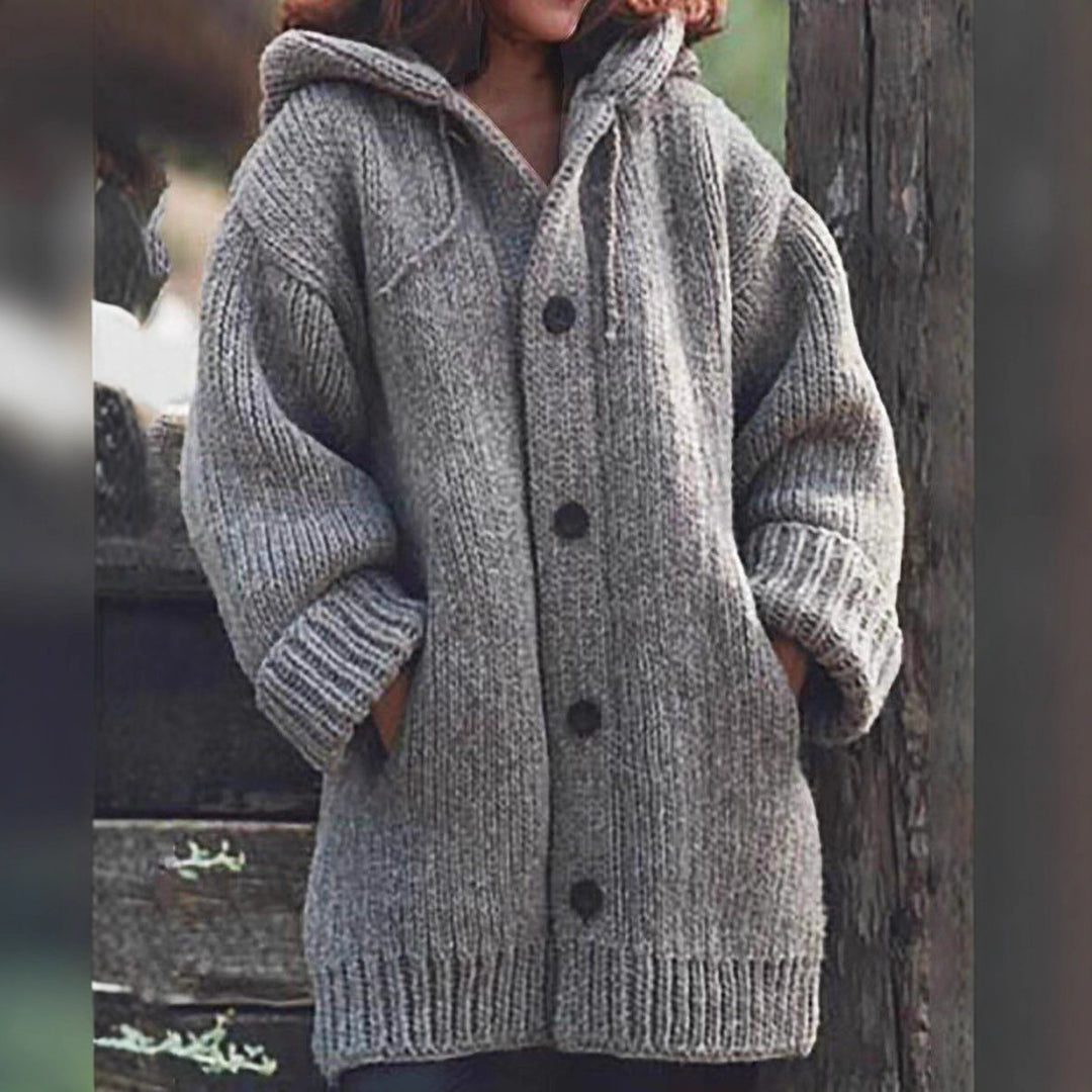 Women Long Slouchy Chunky Knit Coat Cardigan with Hood, Dropped Shoulder and Large Buttons Mune Fashion