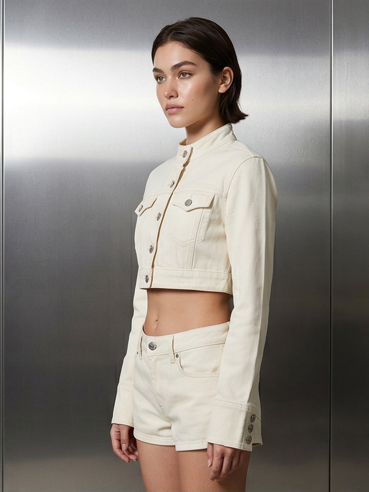 Women Short Cut Cropped Denim Jacket with Stand-up Collar, Chest Pockets and Extended Cuffs Mune Fashion