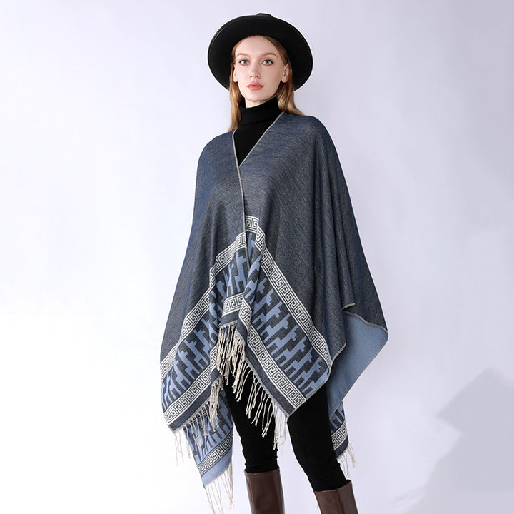 Ladies cape poncho made of fine wool blend with ornamental border edge and pointed hem Mune Fashion
