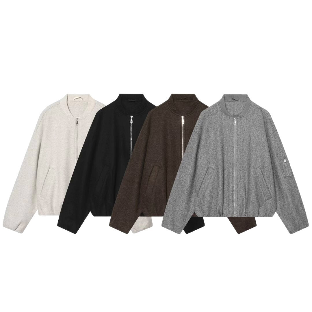 Women's Wool Blend Bomber Jacket in Oversized Boxy Cut with Zipper and Arm Pocket Mune Fashion