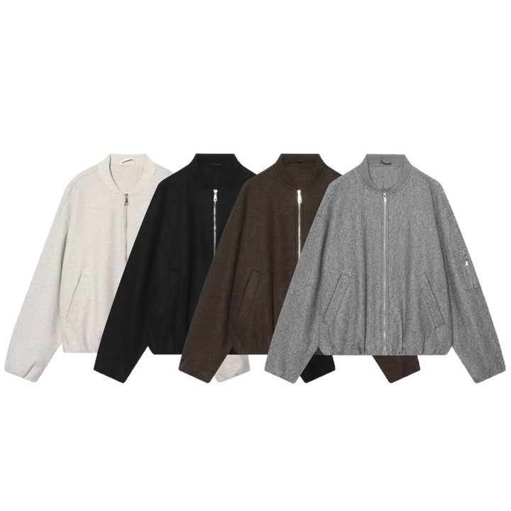 Women's Wool Blend Bomber Jacket in Oversized Boxy Cut with Zipper and Arm Pocket Mune Fashion