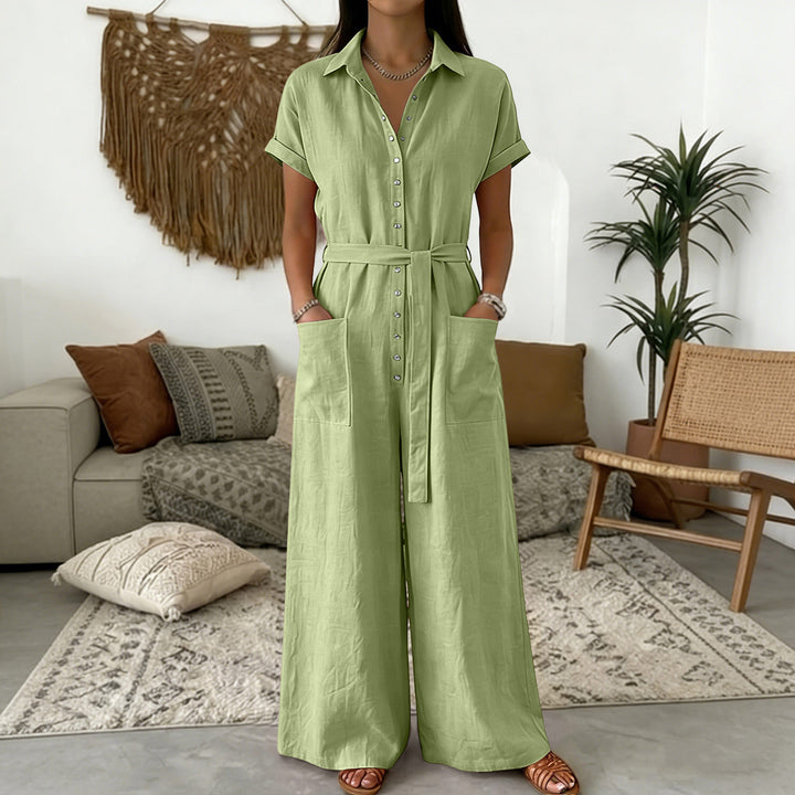 Women's Shirt Blouse Jumpsuit with Wide Leg, Patch Pockets and Tied Belt Mune Fashion