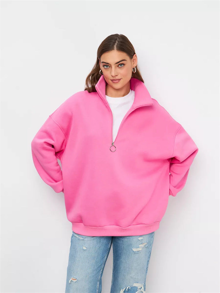 Women's Oversized Half-zip Sweater with High Stand-up Collar and Ribbed Cuffs Mune Fashion
