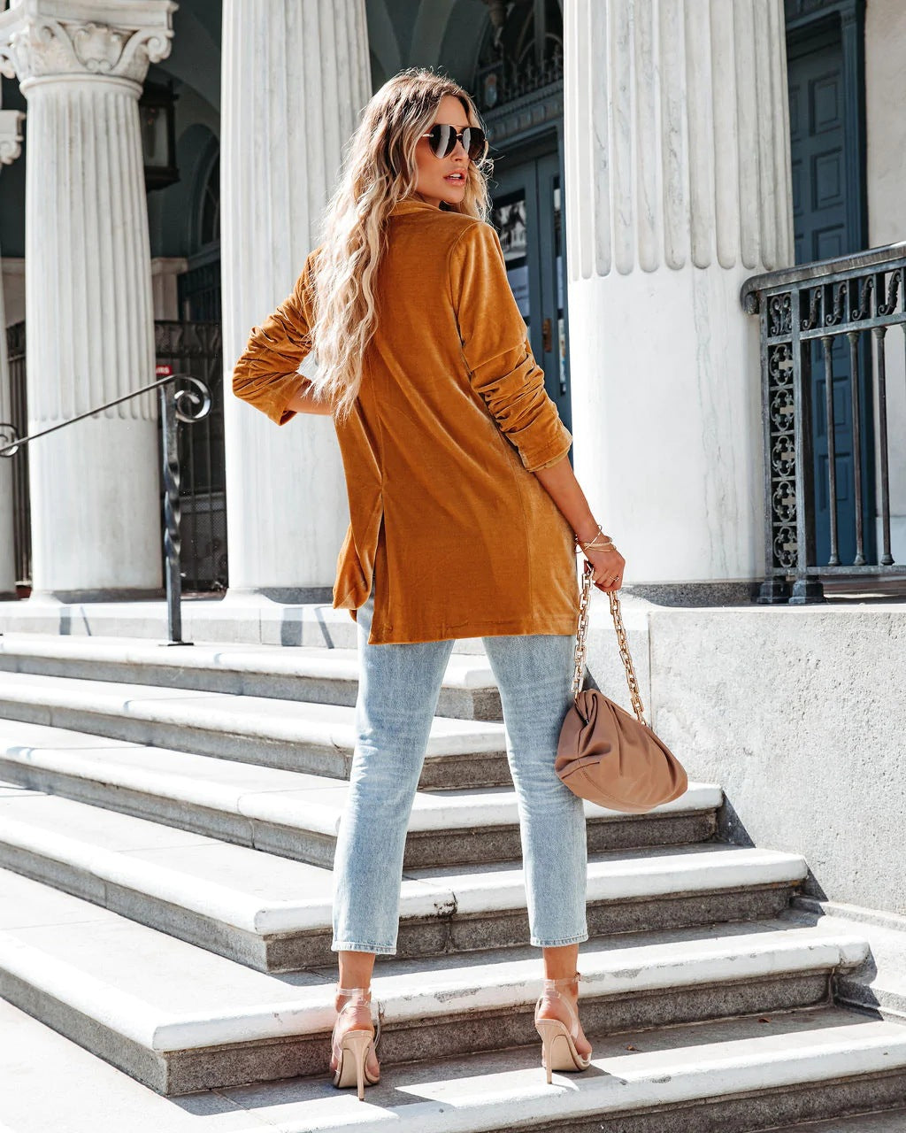 Mune | Gold Velvet Trench Coat Long Skirt Jacket