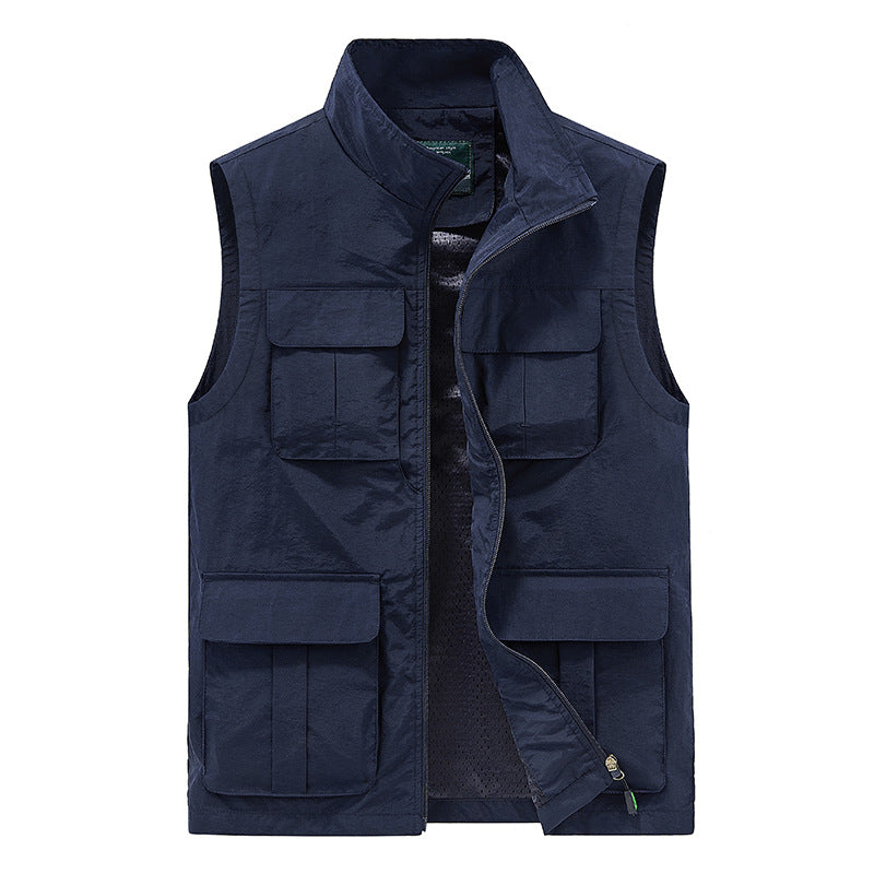 Men's Multifunctional Canvas Utility Vest with High Stand Collar and Multiple Flap Pockets Mune Fashion