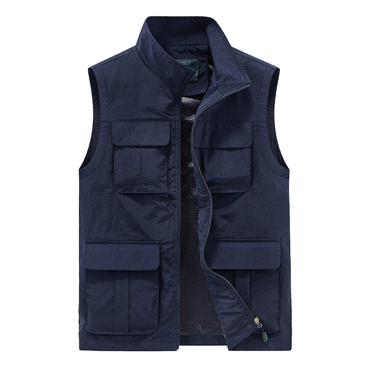 Men's Multifunctional Canvas Utility Vest with High Stand Collar and Multiple Flap Pockets Mune Fashion