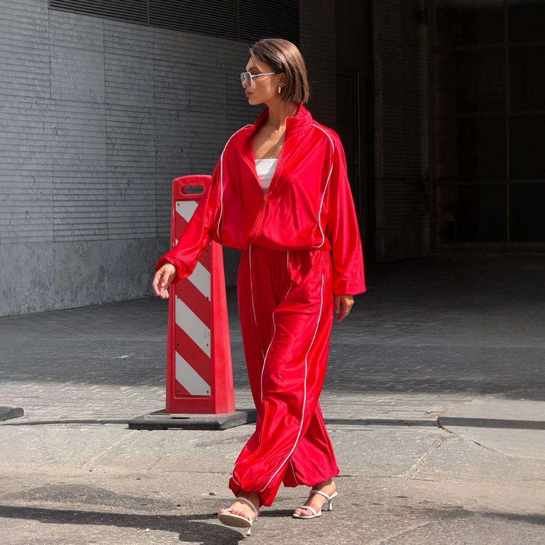 Women's Satin Tracksuit with Zip Jacket and Loose Elastic Waist Pants Mune Fashion