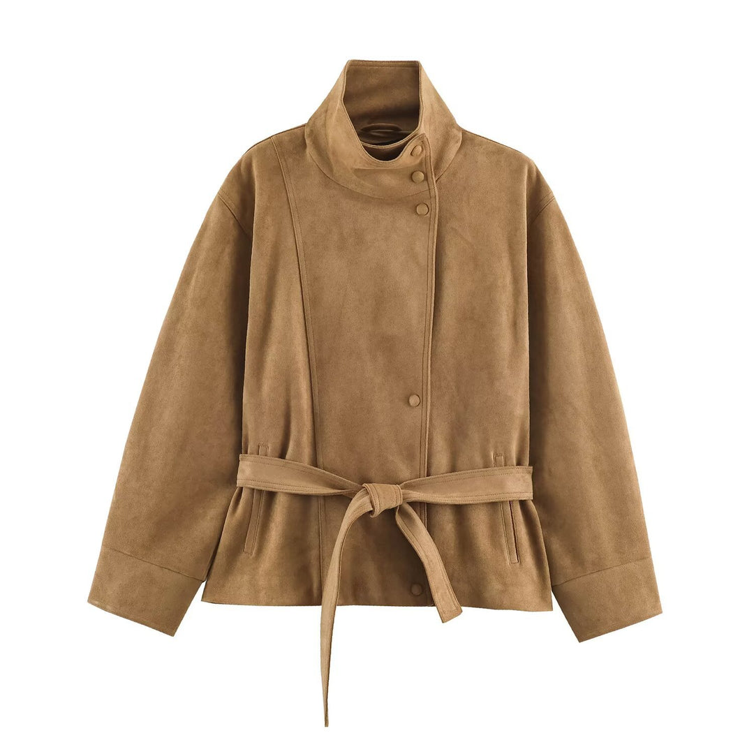 Women's short jacket made of suede look with stand-up collar and tie belt Drune