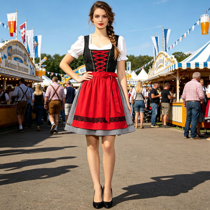 Ladies' traditional dirndl dress with heart neckline, laced bodice, and decorative apron Mune Fashion