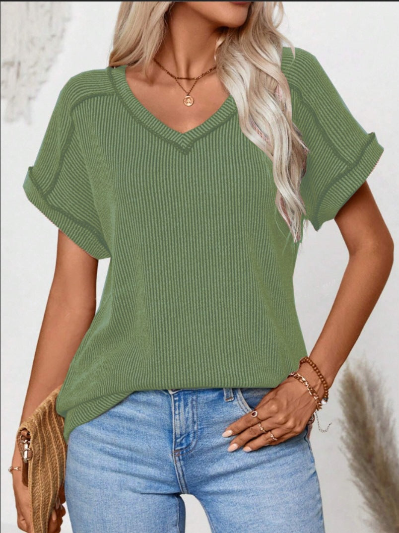 Women Ribbed V-Neck Short Sleeve Fine Knit Top with Turned Up Sleeves Mune Fashion
