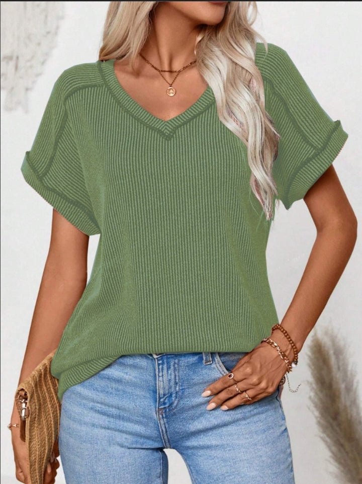 Women Ribbed V-Neck Short Sleeve Fine Knit Top with Turned Up Sleeves Mune Fashion