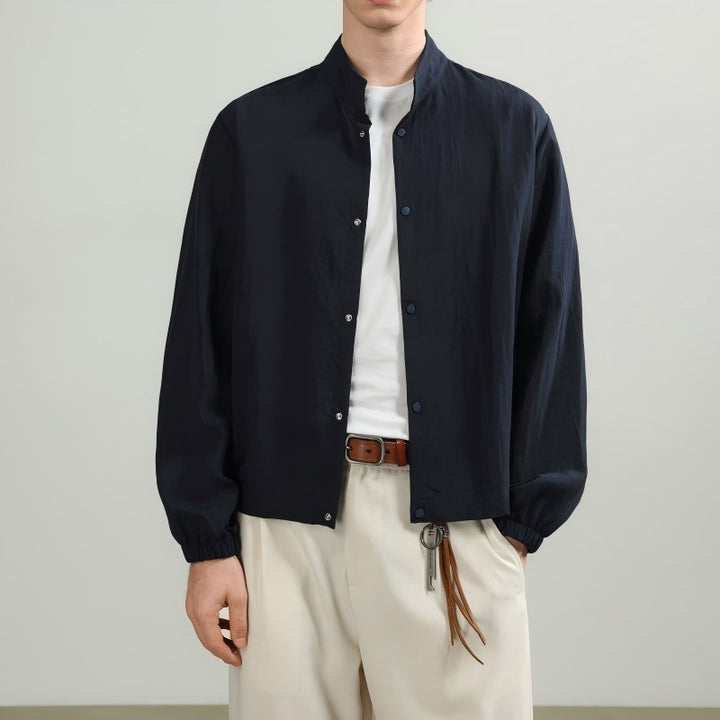 Men's Oversized Shirt with Stand Collar, Snap Button Closure, and Elastic Cuffs Mune Fashion