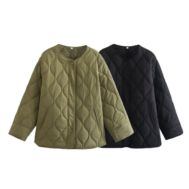 Women Padded Quilted Jacket in Boxy Cut with Round Neckline Mune Fashion