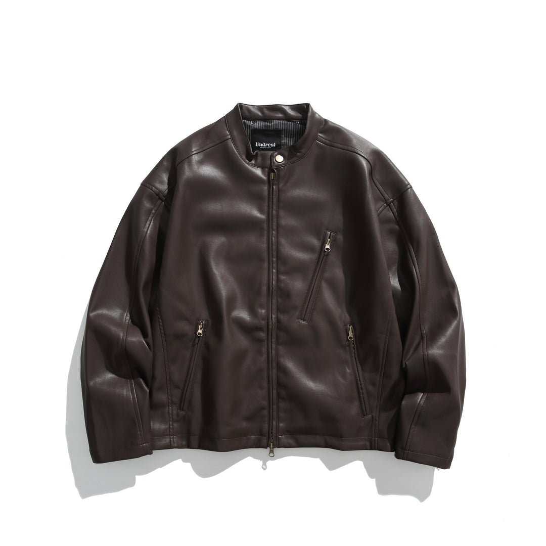 Men's leather-look bomber jacket with stand-up collar, angled zip pockets and minimalist seam design Mune Fashion