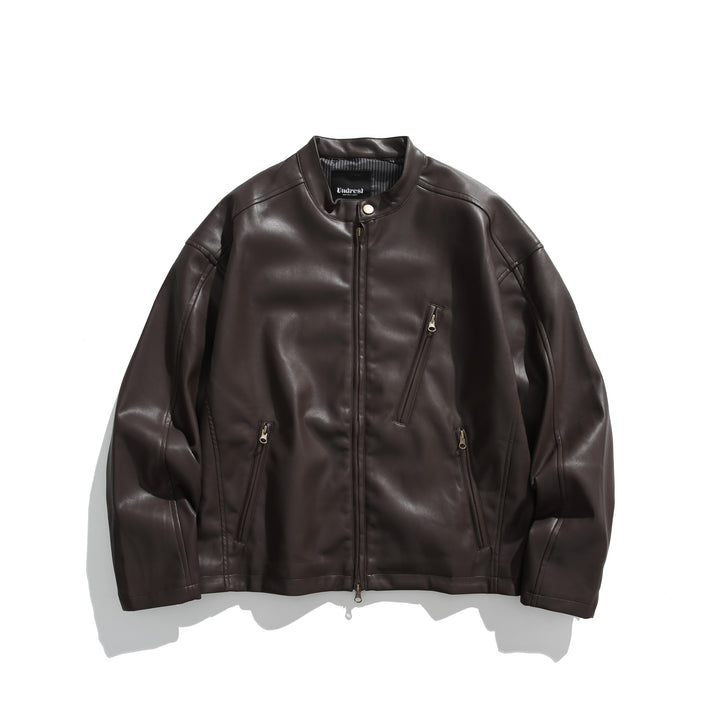 Men's leather-look bomber jacket with stand-up collar, angled zip pockets and minimalist seam design Mune Fashion