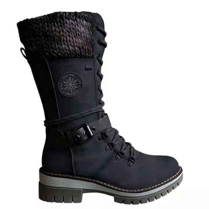 Women's knee-high lace-up boots with knit cuffs, sturdy tread sole, and side zipper Mune Fashion