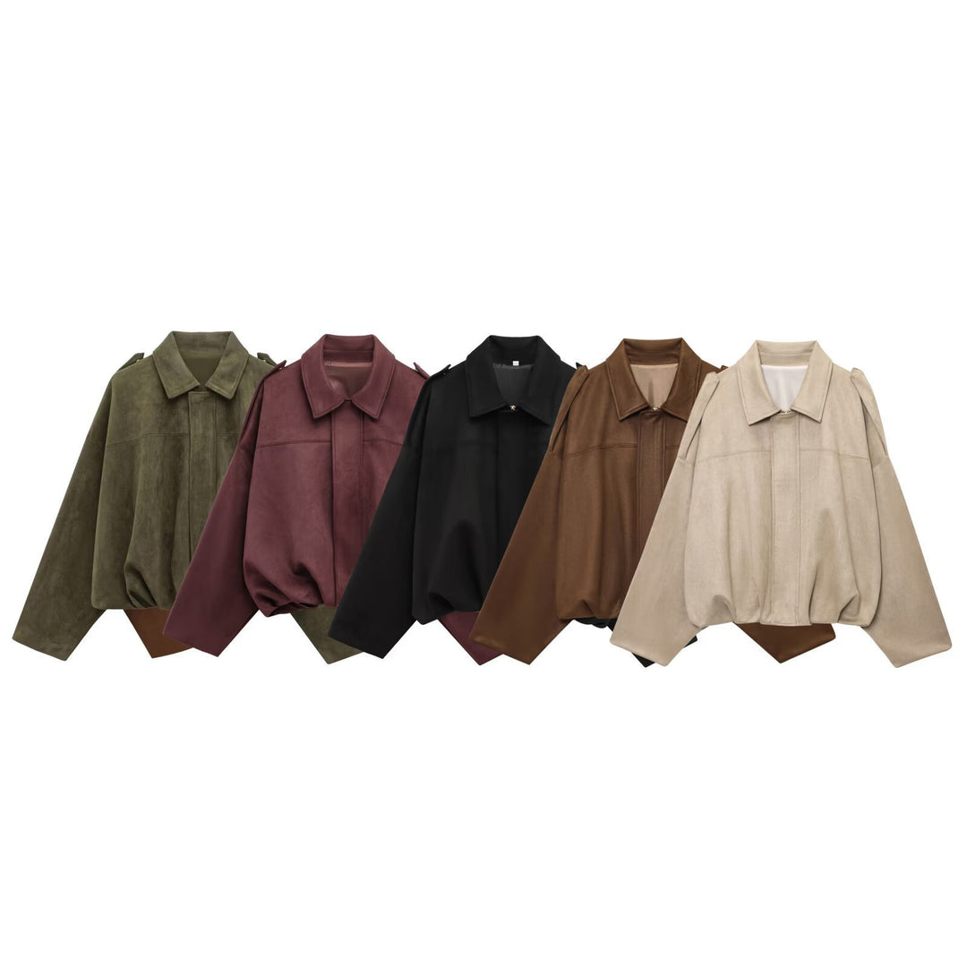 Women slightly oversized short jacket in suede look with lapel collar, shoulder flaps and elastic hem Mune Fashion