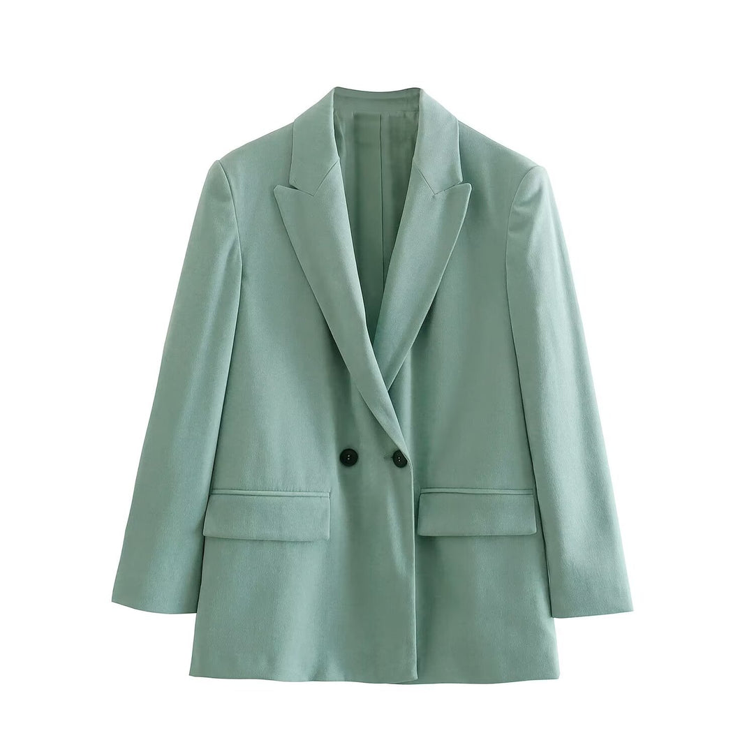 Women's tailored double-breasted blazer with narrow lapels, patch pockets, and clear silhouette Mune Fashion