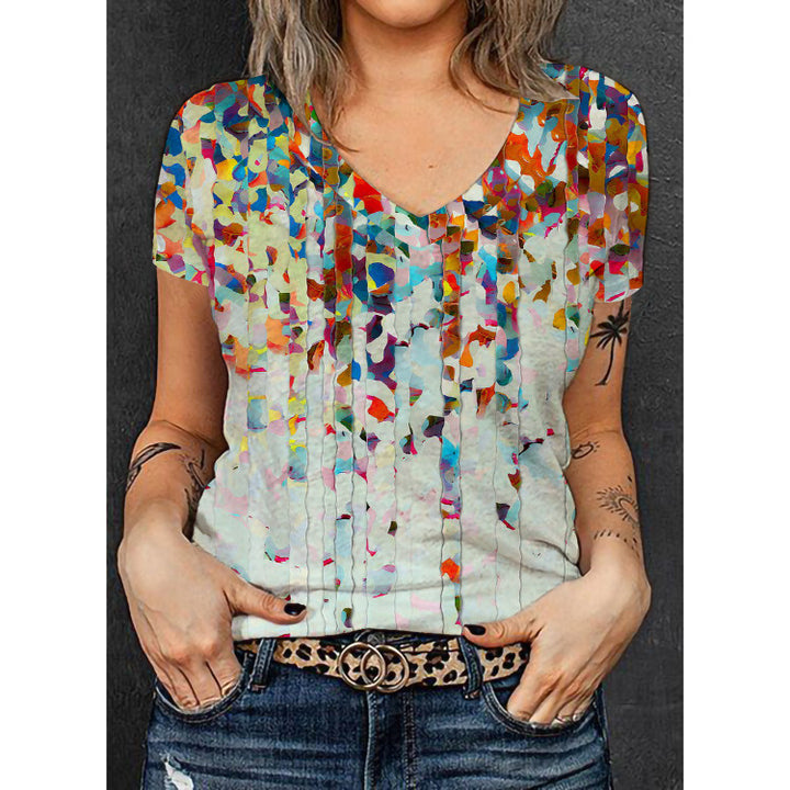 Women's V-neck T-shirt with floral overlay design Mune Fashion
