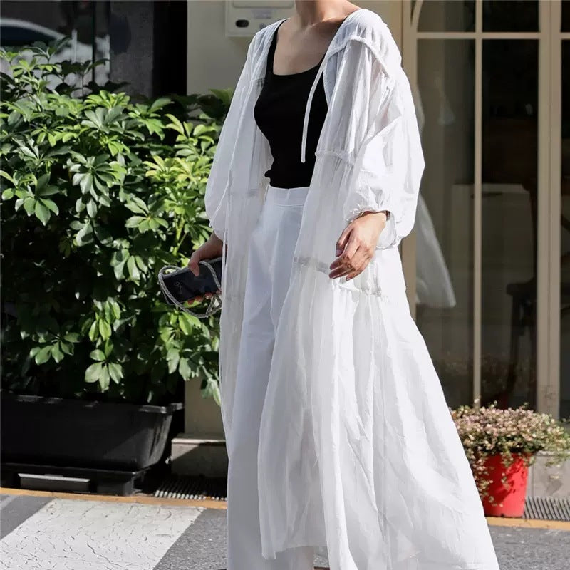 Women’s Longer Layered Duster with Volume Sleeves, Drawstring and Side Slits Mune Fashion