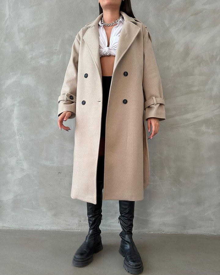 Women's Oversized Wool Blend Coat with Double-Breasted Button Placket and Waist Belt Mune Fashion