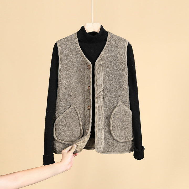 Women's Sleeveless Thermofleece Vest with Button Placket and Round Pockets Mune Fashion