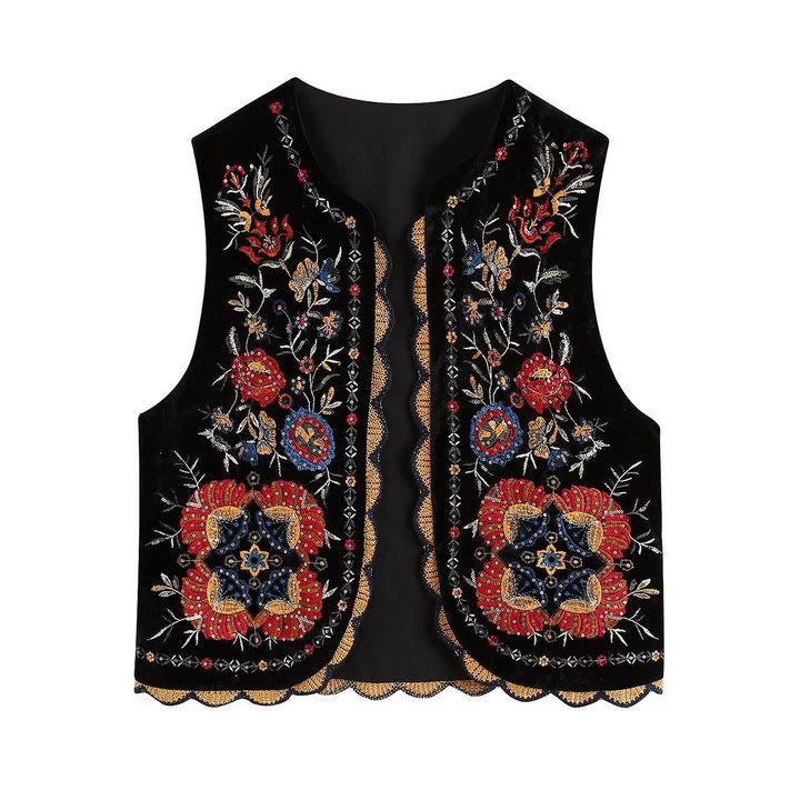Women's Embroidered Velvet Vest with Folk Bead Embroidery and Curved Hem Mune Fashion