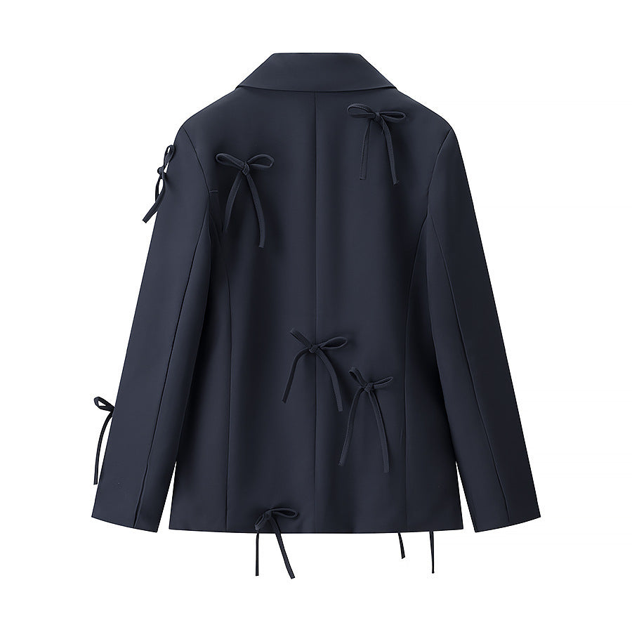 Women's Tailored Blazer with Decorative Bows and Coordinated Mini Skirt Set Mune Fashion