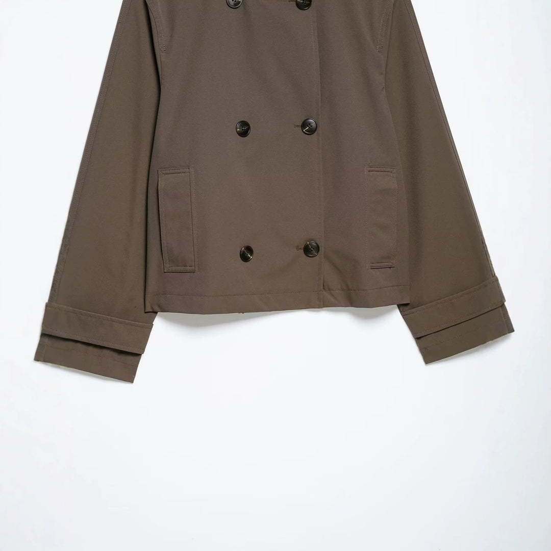 Women's Short Cut Double-Breasted Trench Coat with Stand Collar and Adjustable Sleeve Straps Mune Fashion