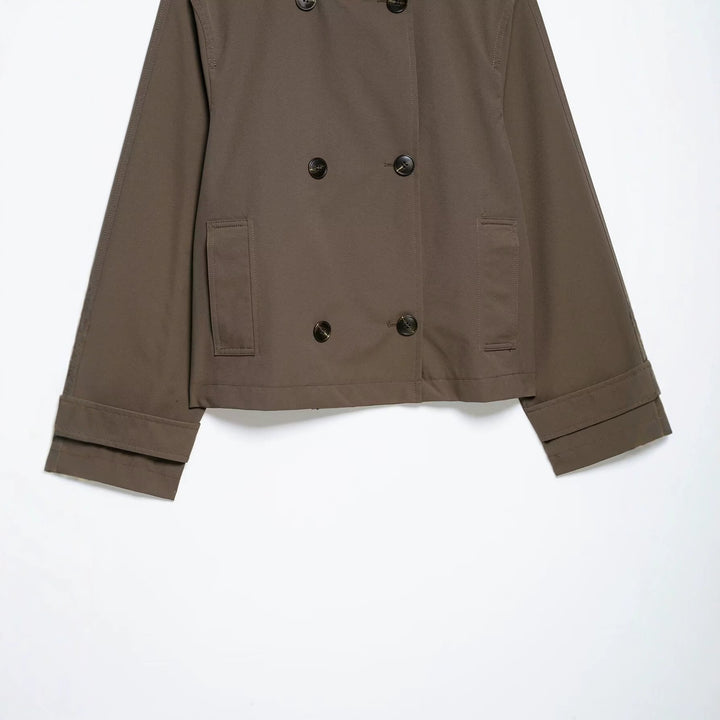 Women's Short Cut Double-Breasted Trench Coat with Stand Collar and Adjustable Sleeve Straps Mune Fashion