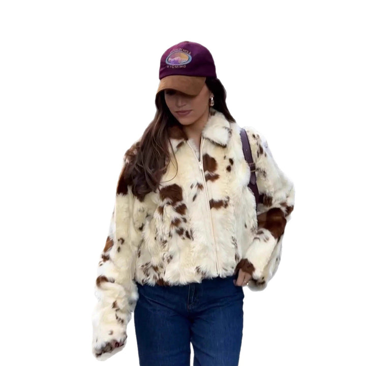 Women's Short Cropped Faux Fur Jacket with Stand-Up Collar and Spot Pattern Mune Fashion