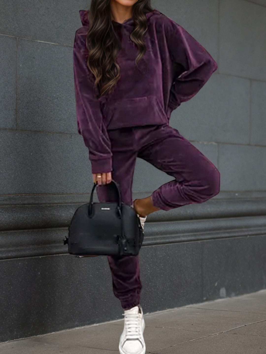 Women's Velvet Tracksuit with Hooded Hoodie, Kangaroo Pocket and Elastic Cuff Pants Mune Fashion