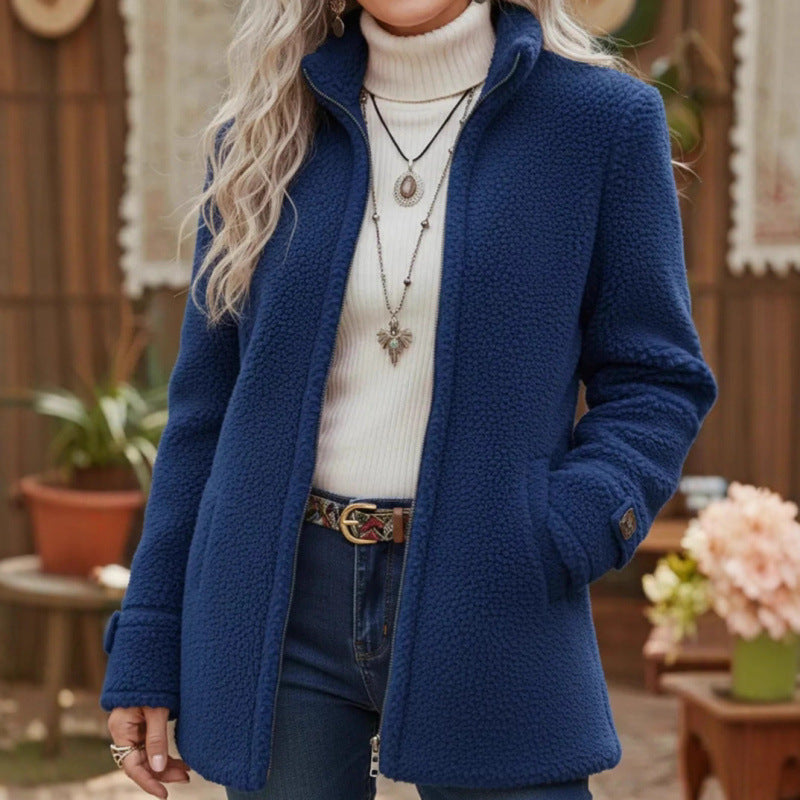 Women Cozy Teddy Cardigan Coat with Stand-Up Collar, Hidden Zipper and Decorative Button Cuffs Mune Fashion